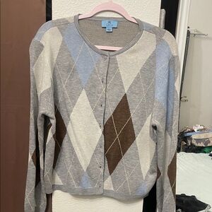 CeCe Argyle Cardigan in Gray, Brown, and Cream